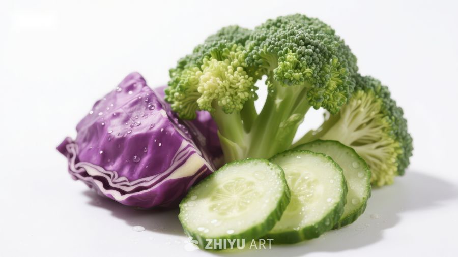 新鲜蔬菜组合：西兰花、紫甘蓝和黄瓜