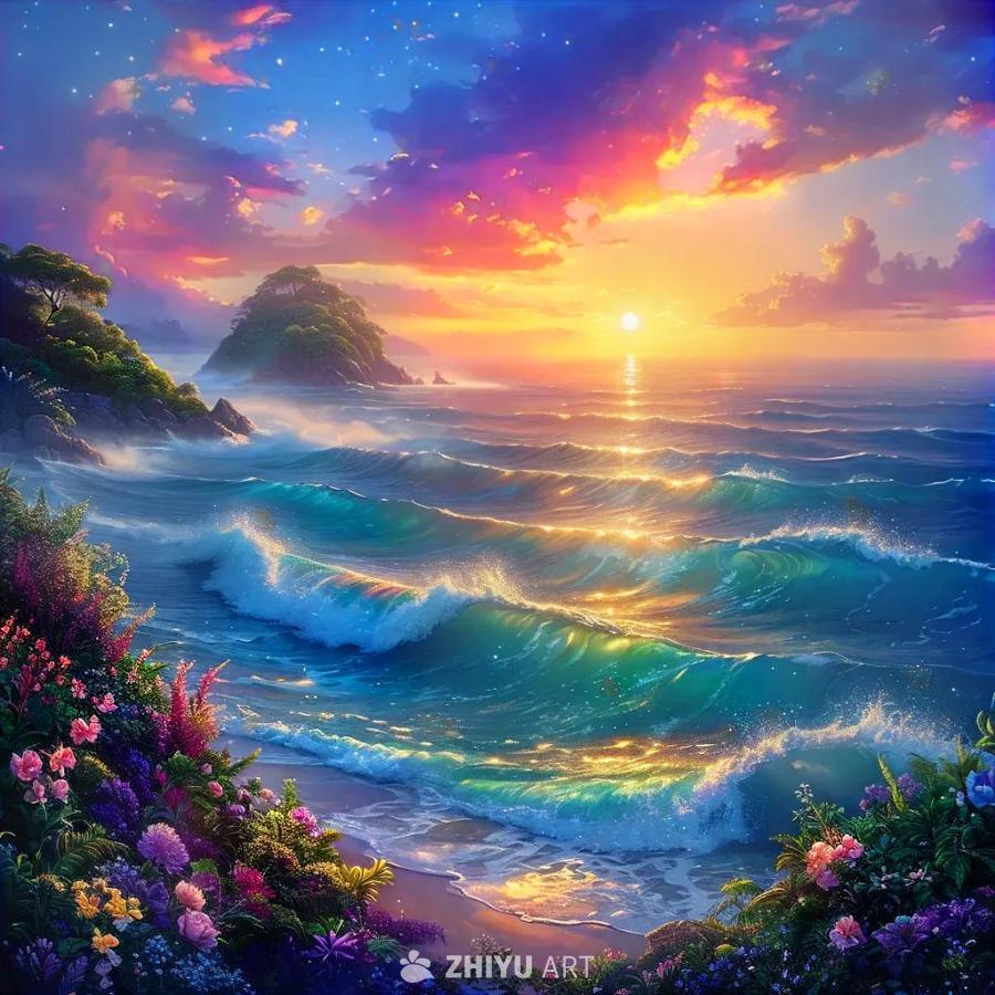 海面波光粼粼，朝阳将金色的光芒洒在海浪上。海水呈现