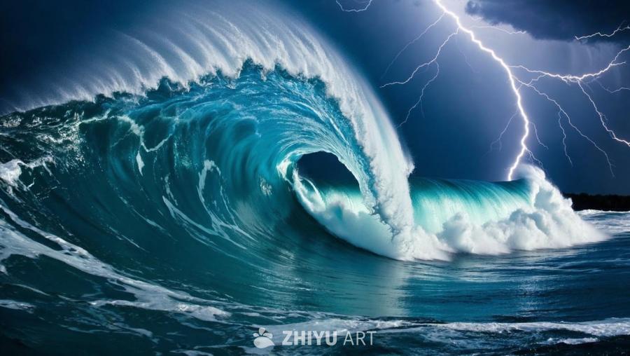 海面上涌起巨大的海浪，海浪呈蓝绿色，并卷起白色的浪