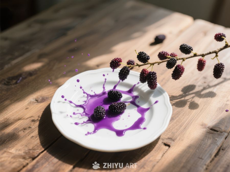 桑葚掉落盘中，紫色汁液四溅 455