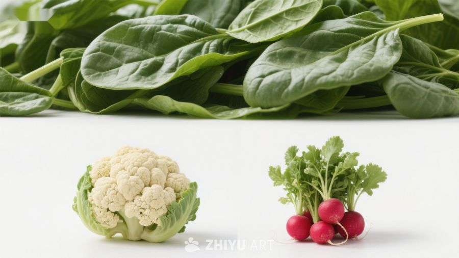 新鲜蔬菜组合：菠菜、花椰菜与樱桃萝卜