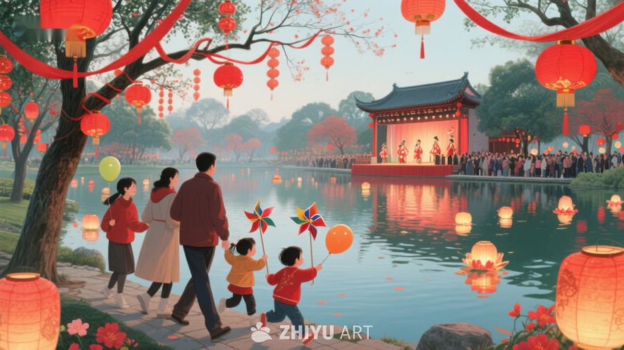 湖畔灯笼映照下的家庭欢乐时光 334
