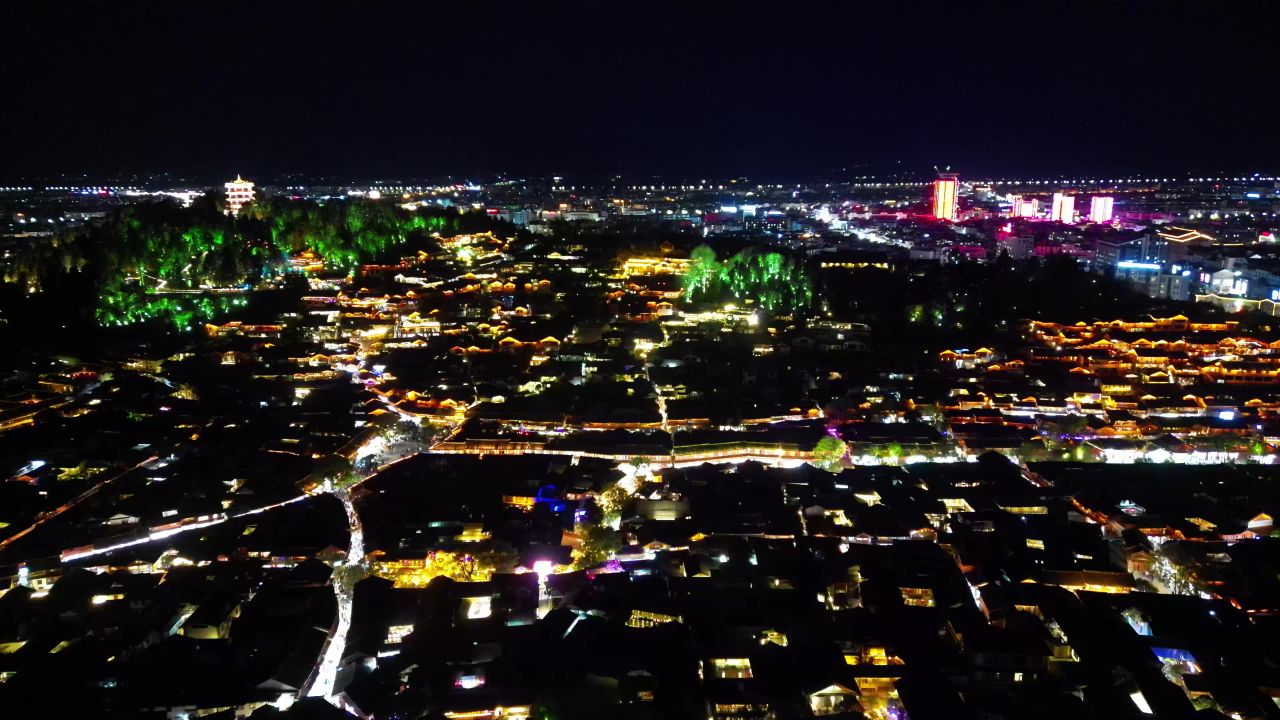 航拍云南丽江古城5A景区夜景