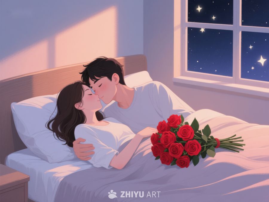 温馨夜晚，床头玫瑰相伴 814