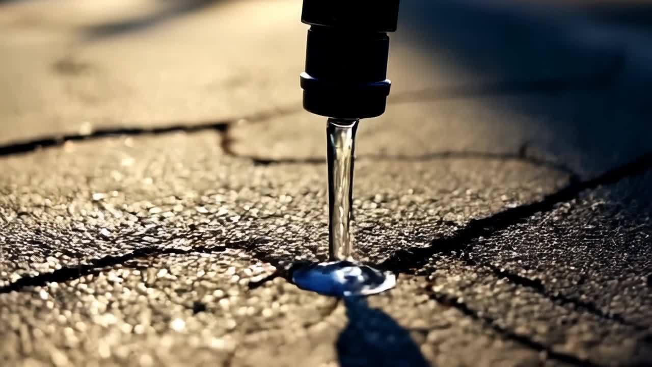 一个水滴从破损的水龙头管滴落，在空中缓慢下落。摄像