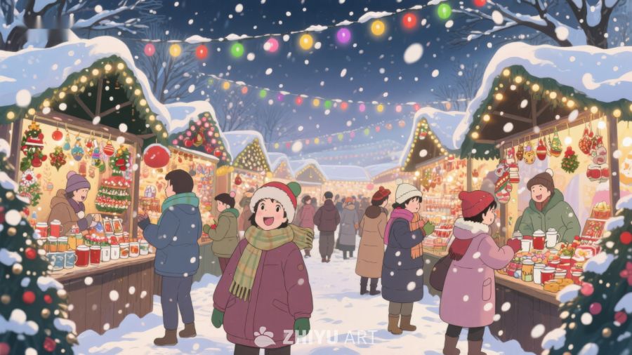 冬日雪夜的热闹市集 31