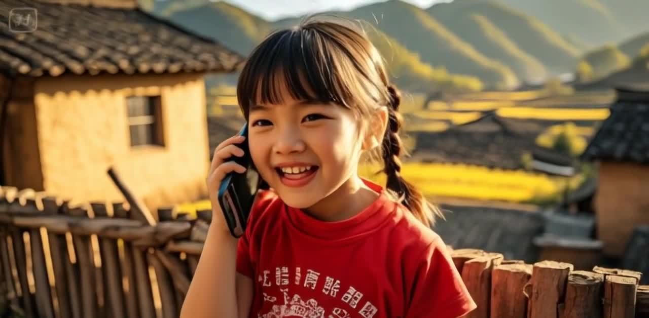 乡村女孩通话，背景为山脉农田房屋。