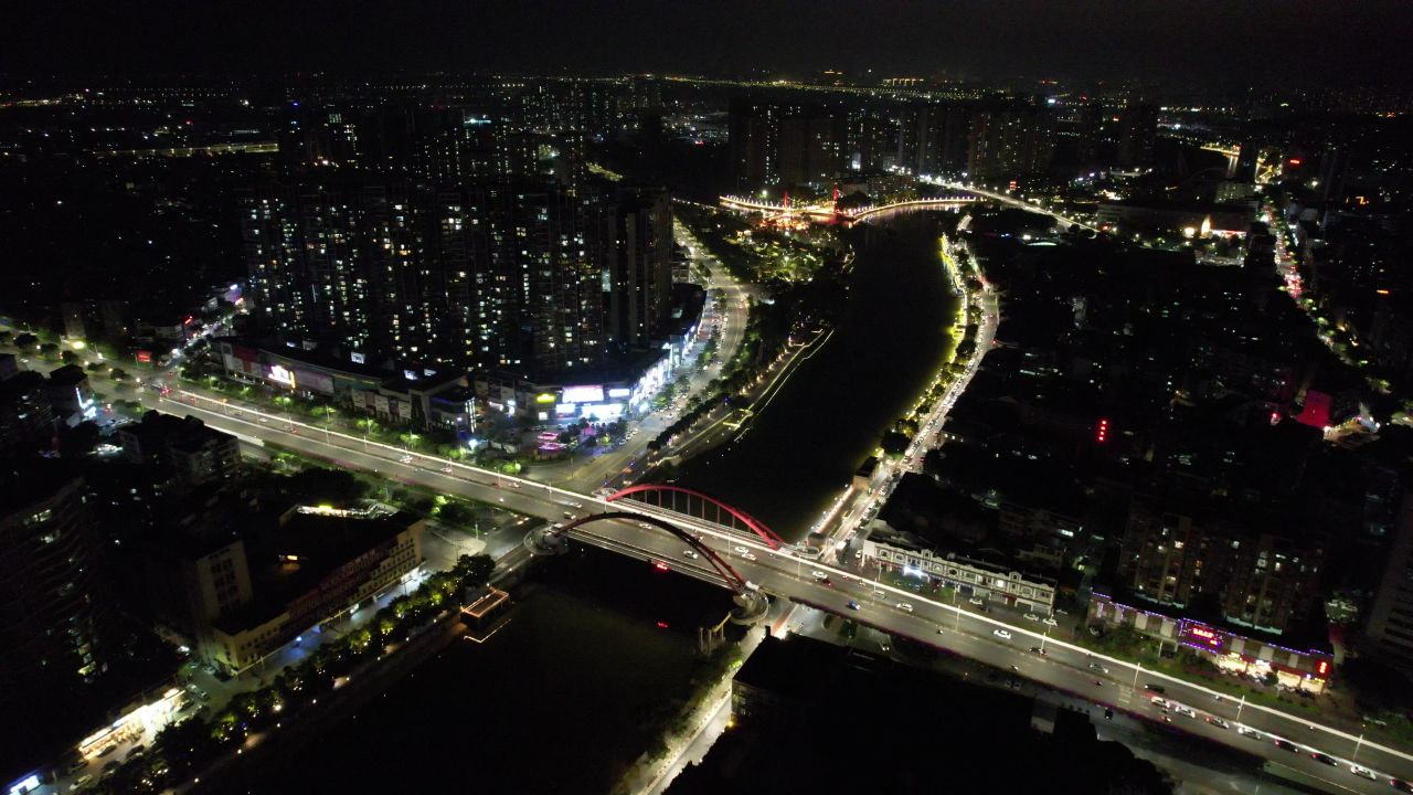 广东江门城市夜景交通航拍