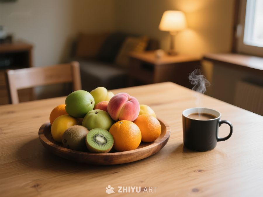 水果盘与热饮，温馨室内一角 564