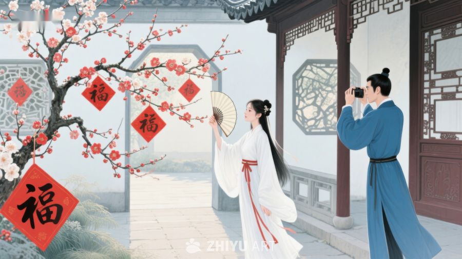 古风庭院中，男子为女子拍照 238
