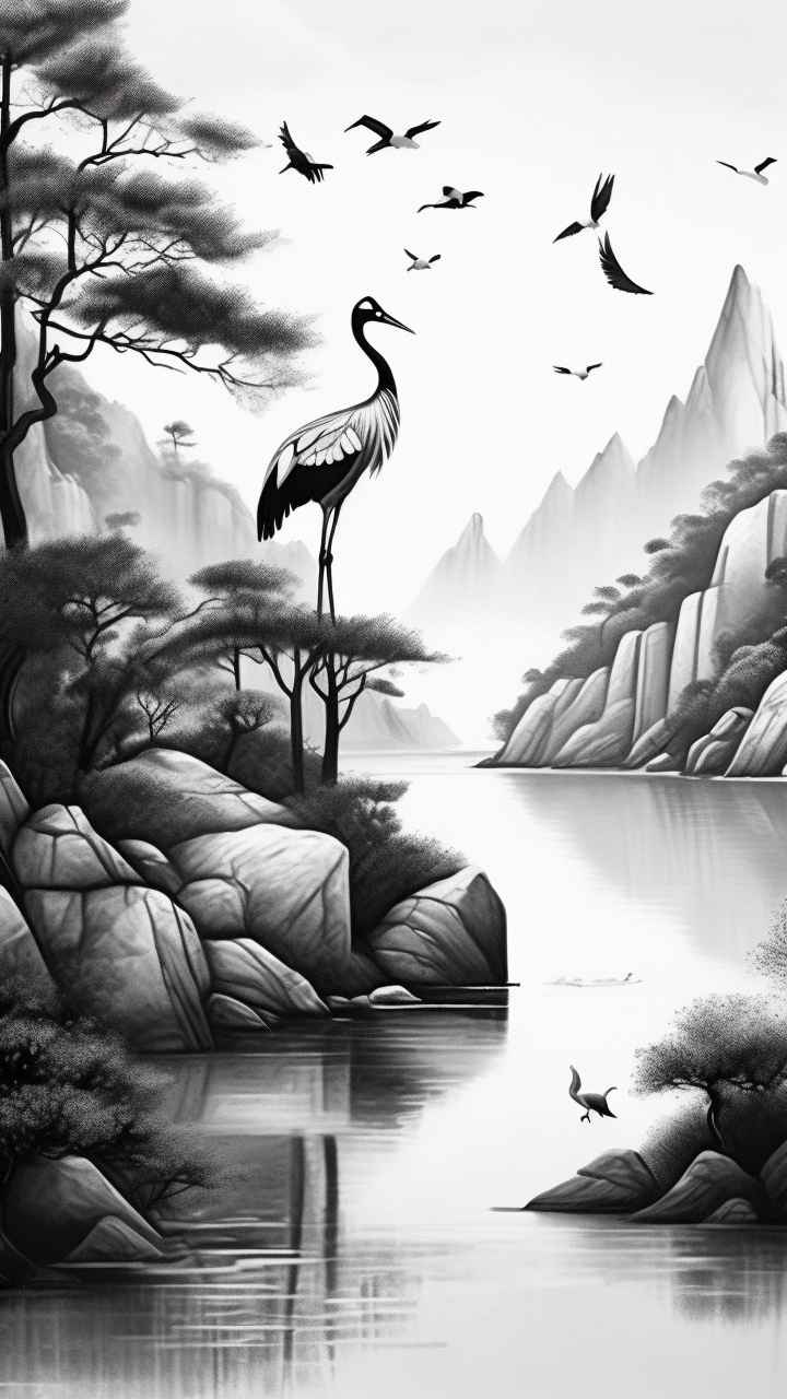 国风山水鹤插画背景 54