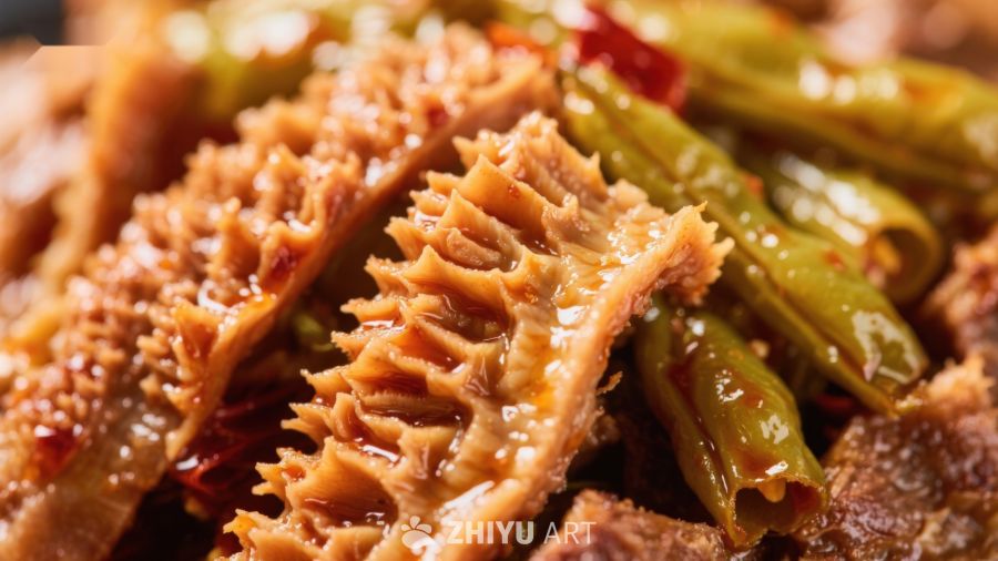 麻辣牛肚配青椒美食特写