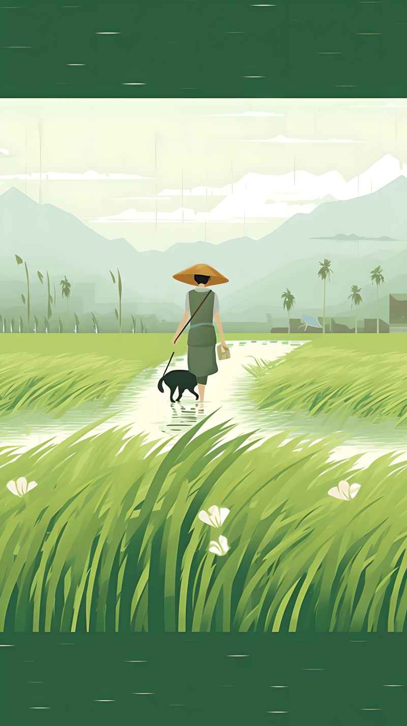 女人站在稻田与狗绿色插画 20
