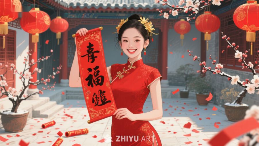 女子手持春联庆祝春节 720