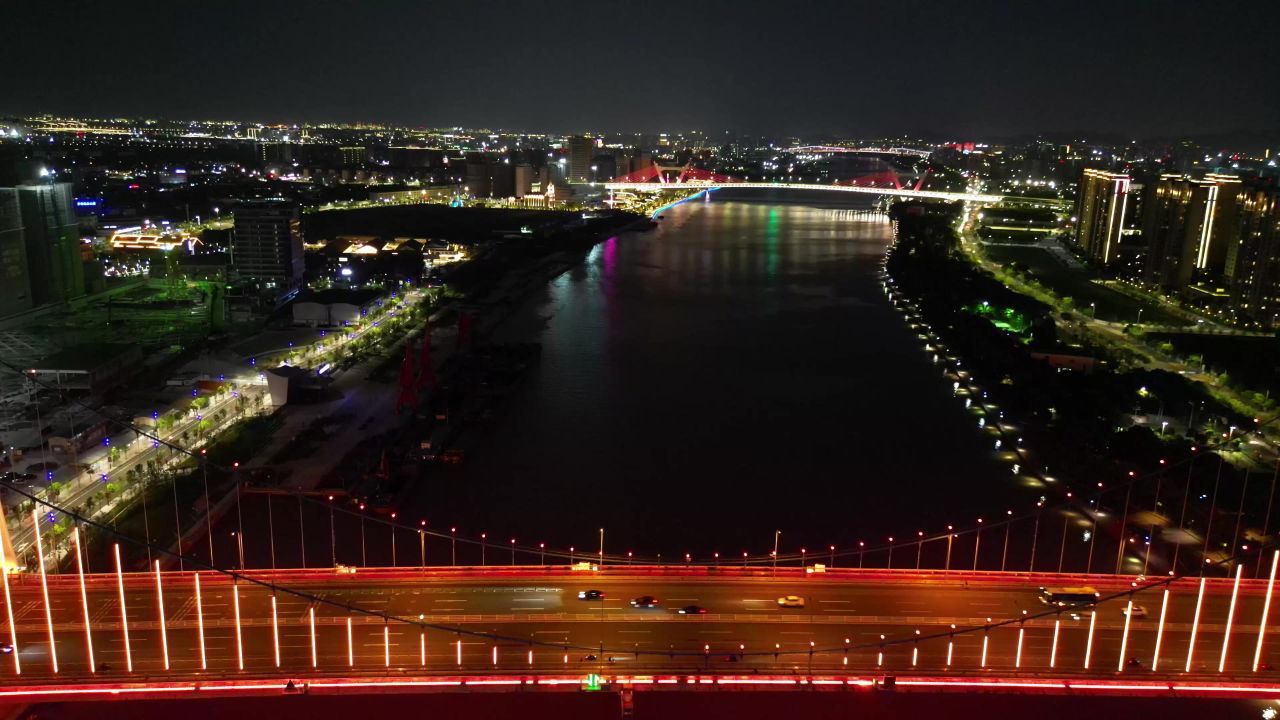 航拍浙江宁波庆丰桥夜景
