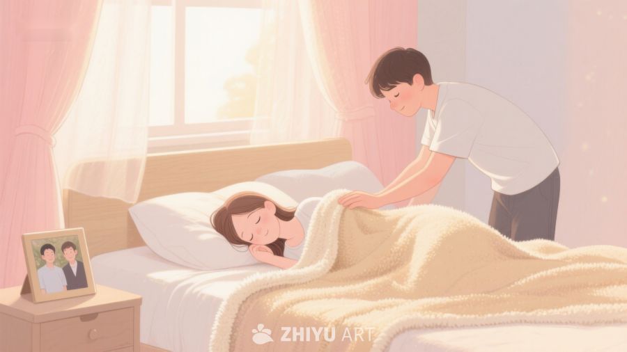 温馨时刻：男子轻柔为女子盖被 439