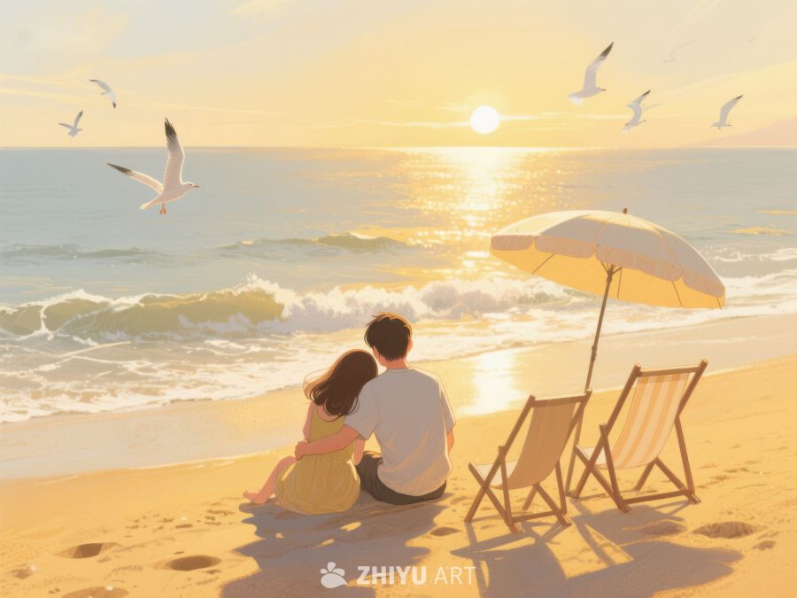 海滩日落情侣共赏美景 292