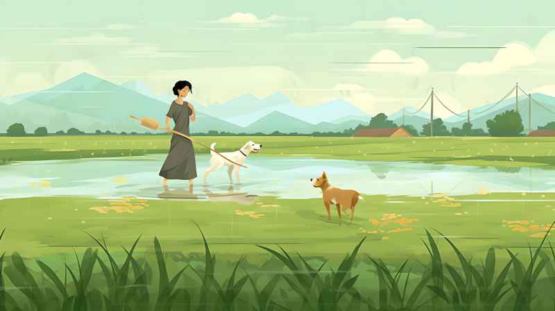 妇女站在稻田与狗，绿色插画风格 19