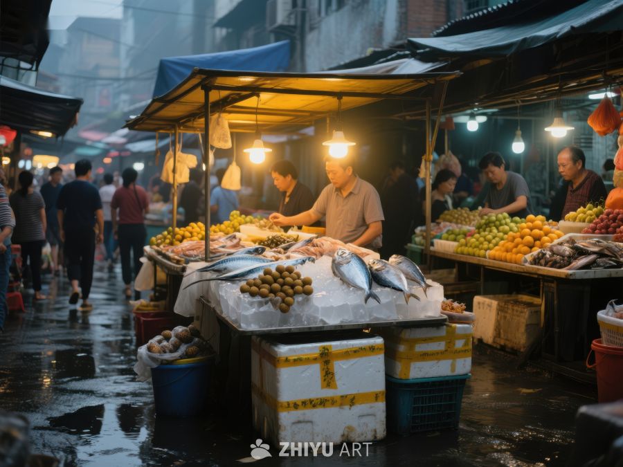 夜市摊位售卖新鲜海鲜与水果 743