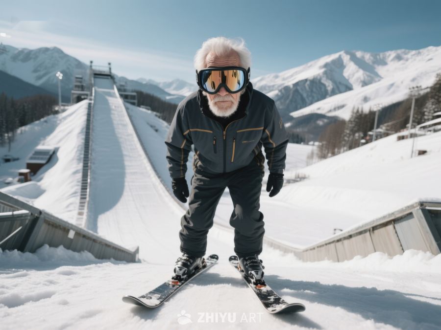 滑雪者在雪坡上准备起跳 124