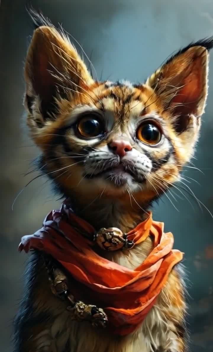 虎纹小猫戴红色围巾，背景模糊，目光专注。
