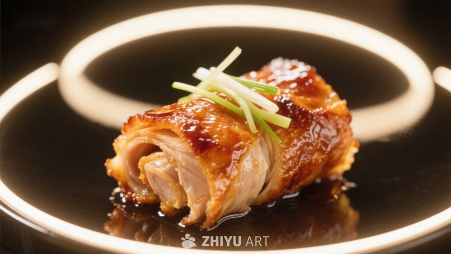 烤鸭切片配葱丝，色泽诱人