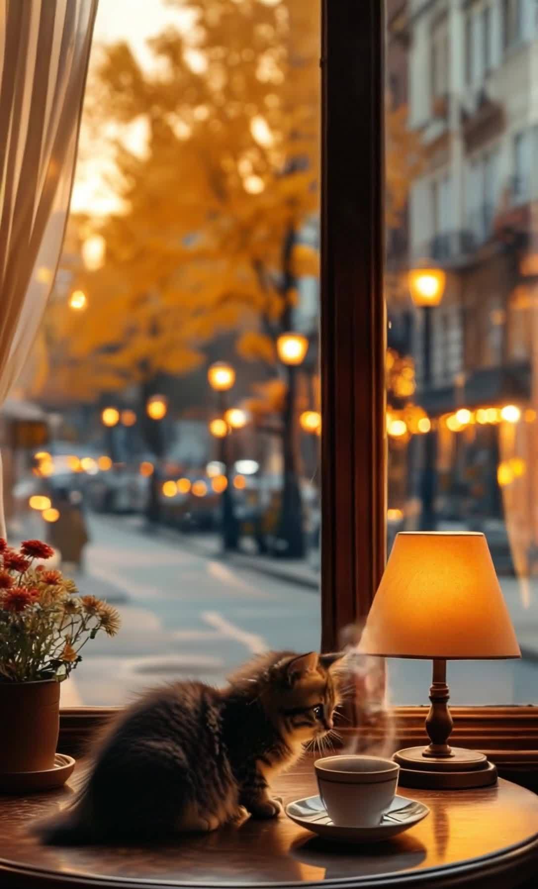 猫咪窗边赏景，咖啡飘香，温馨秋日时光。