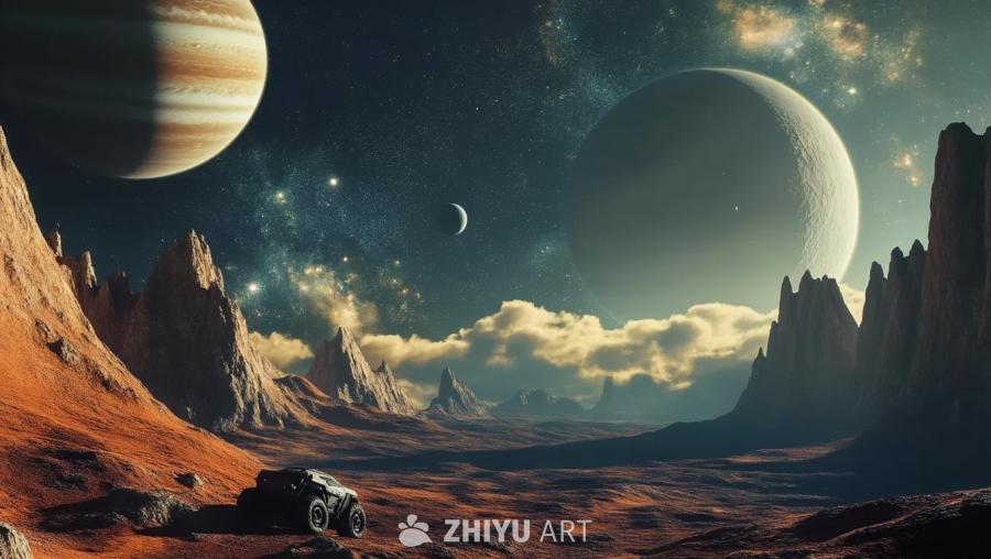 星空中悬挂着两个巨大的星球，其中一个带有条纹。地表