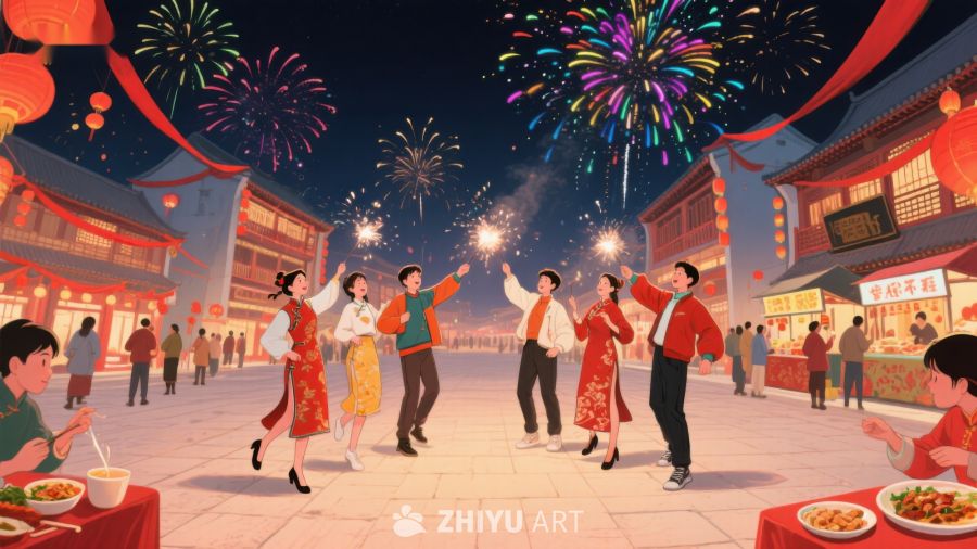 欢庆节日，烟花下的传统舞蹈 45