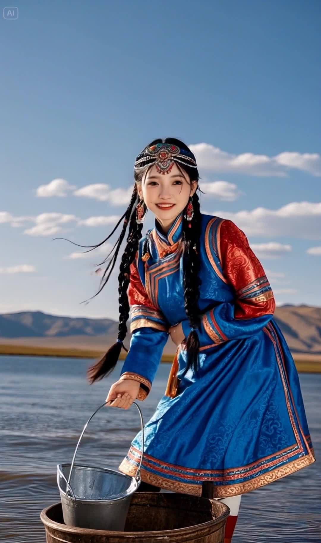 传统服饰蒙古族女性在湖边微笑提桶采水