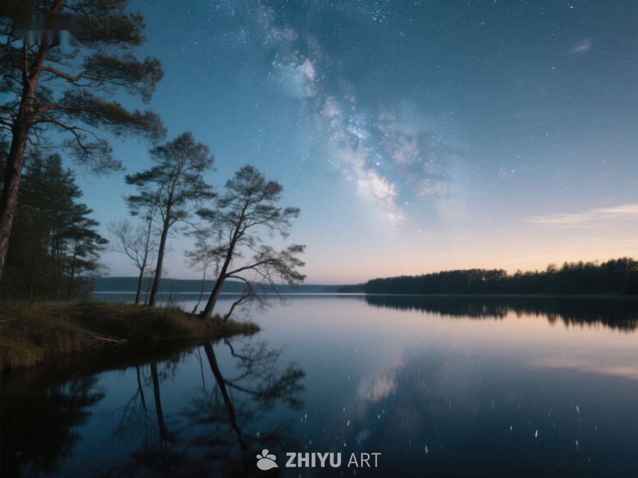 夜空银河映照湖面静谧景色 443