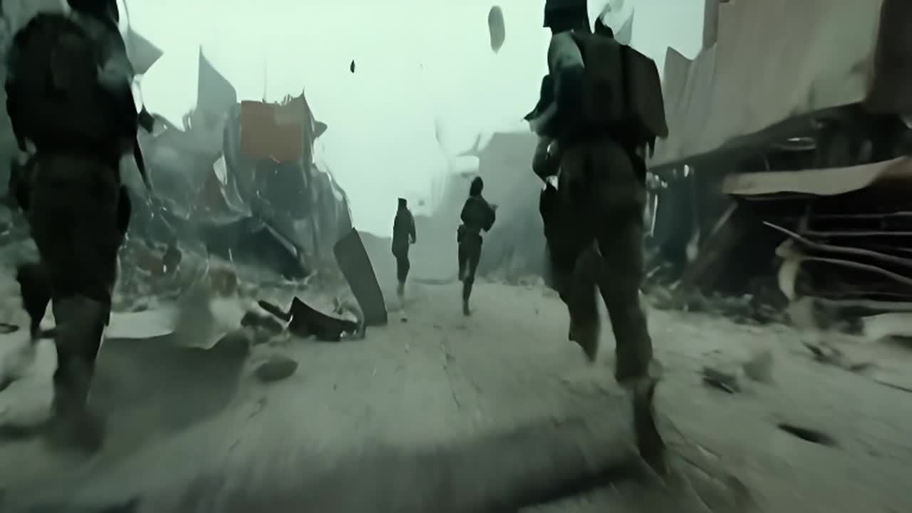 士兵们在一条被摧毁的城市街道上混乱地奔跑。摄像机紧