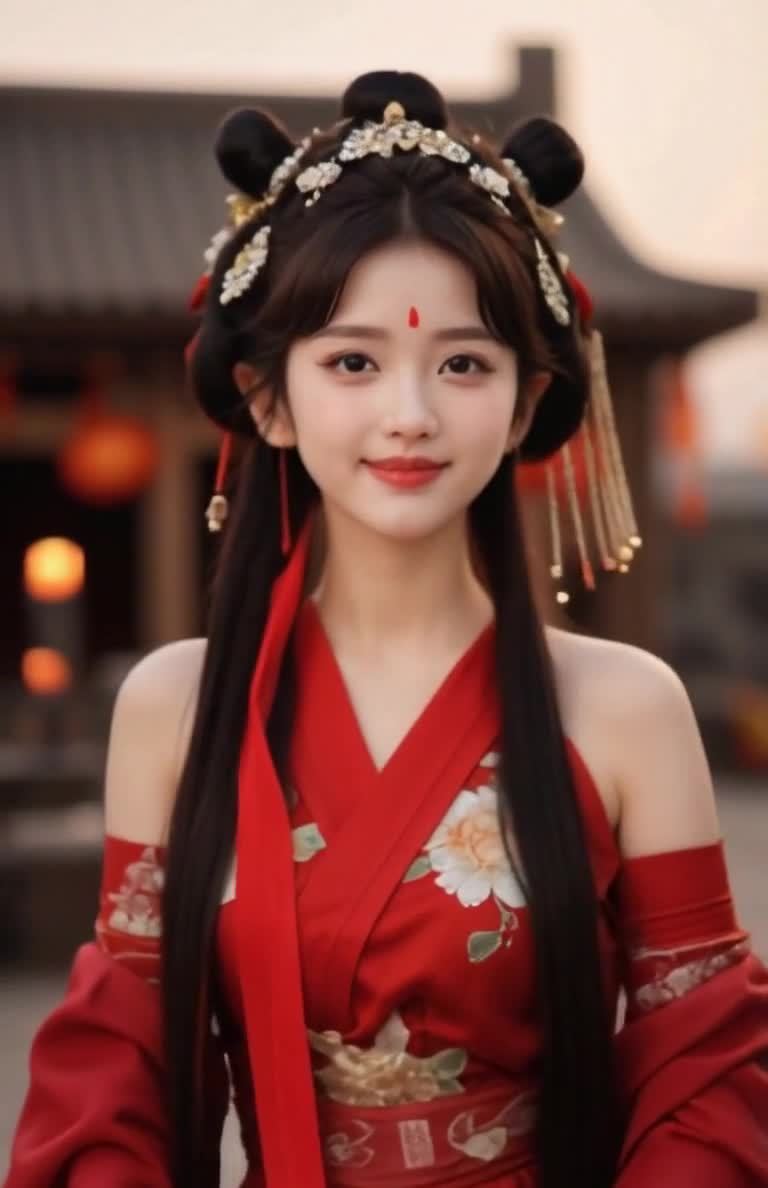 一位身着红色汉服的年轻女子，乌黑的长发上装饰着头饰