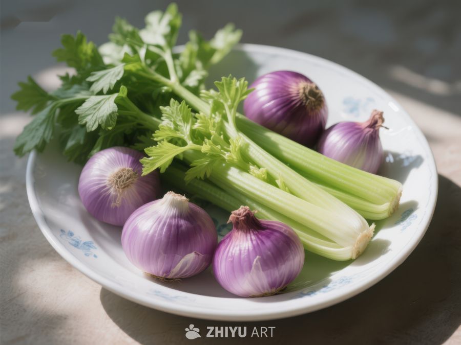 新鲜洋葱与芹菜的静物组合 758