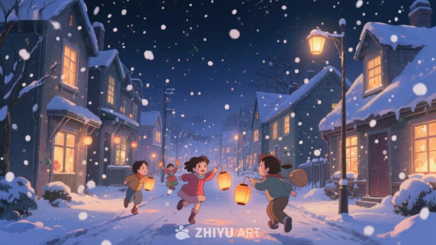 冬夜雪景中孩子们提灯嬉戏 128