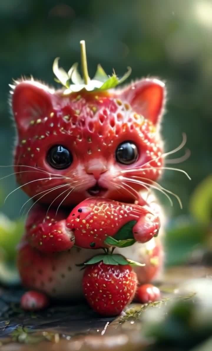 一只小猫咪抱着一条鱼，鱼身上布满红色和黄色的小点，