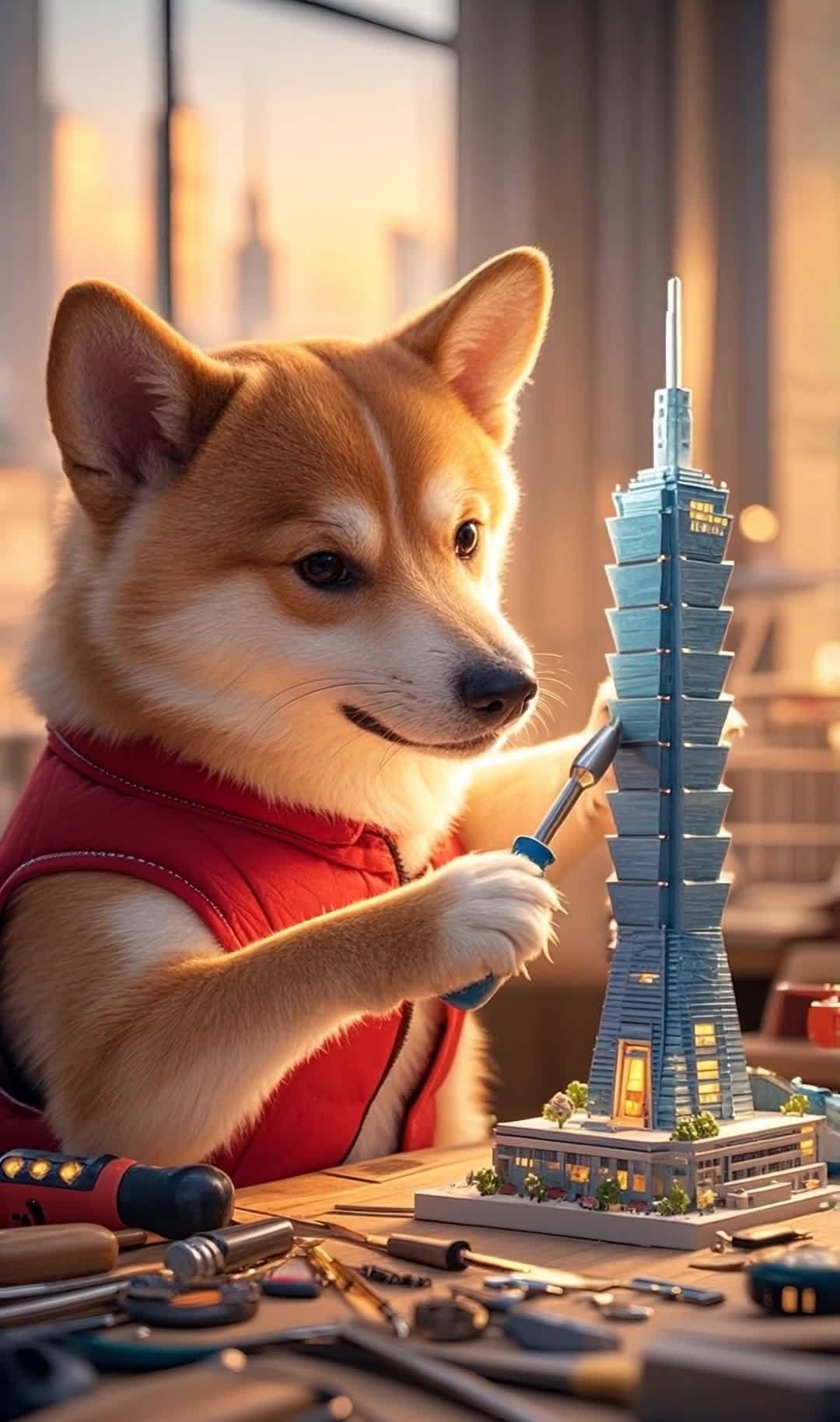 柴犬认真修台北101模型，夕阳下的温馨时光