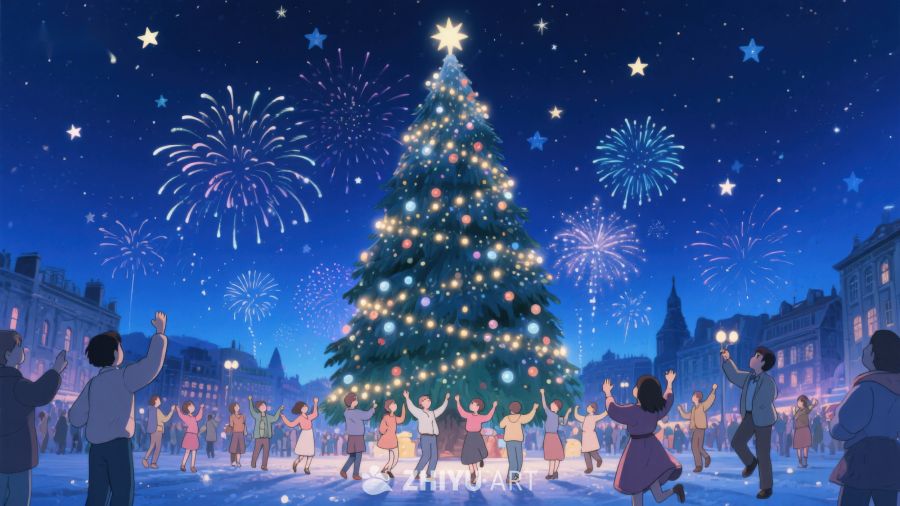 夜空下的圣诞树与烟花 497