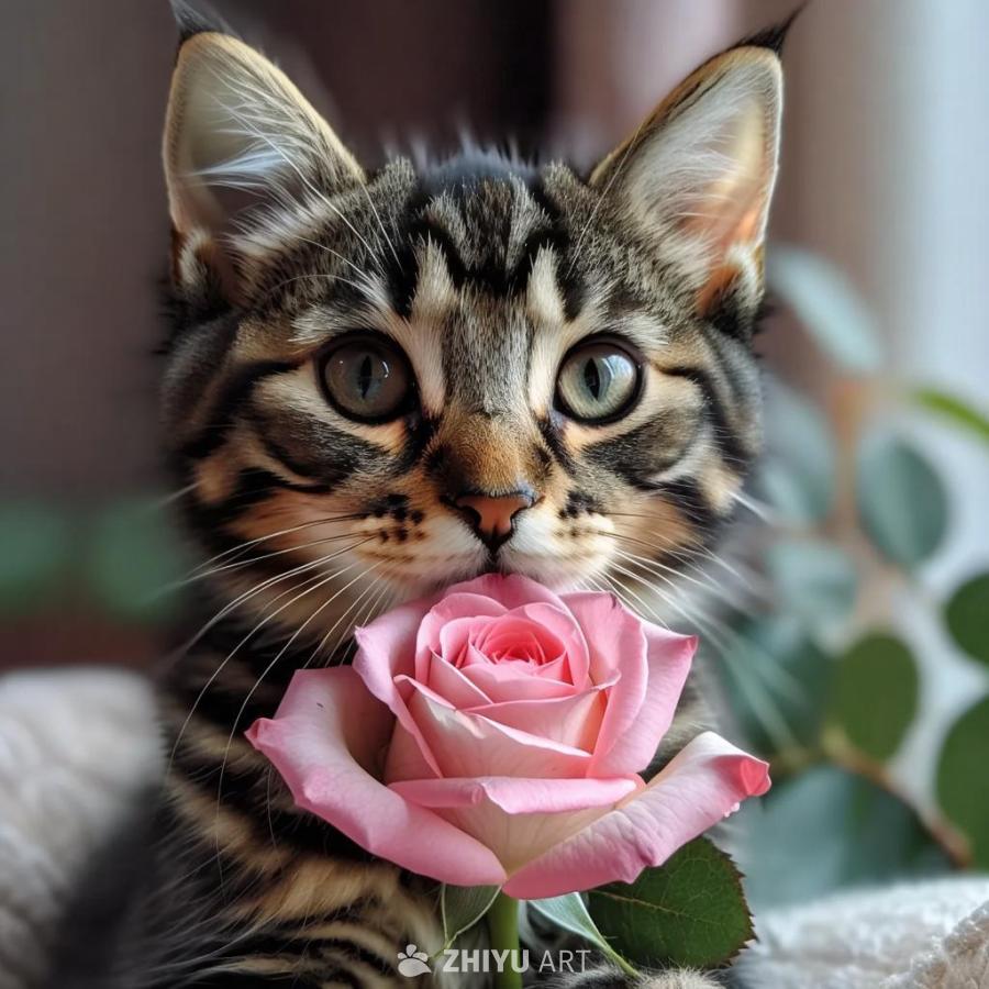 一只虎斑猫，它的眼睛是绿色和棕色的混合色，正对着镜