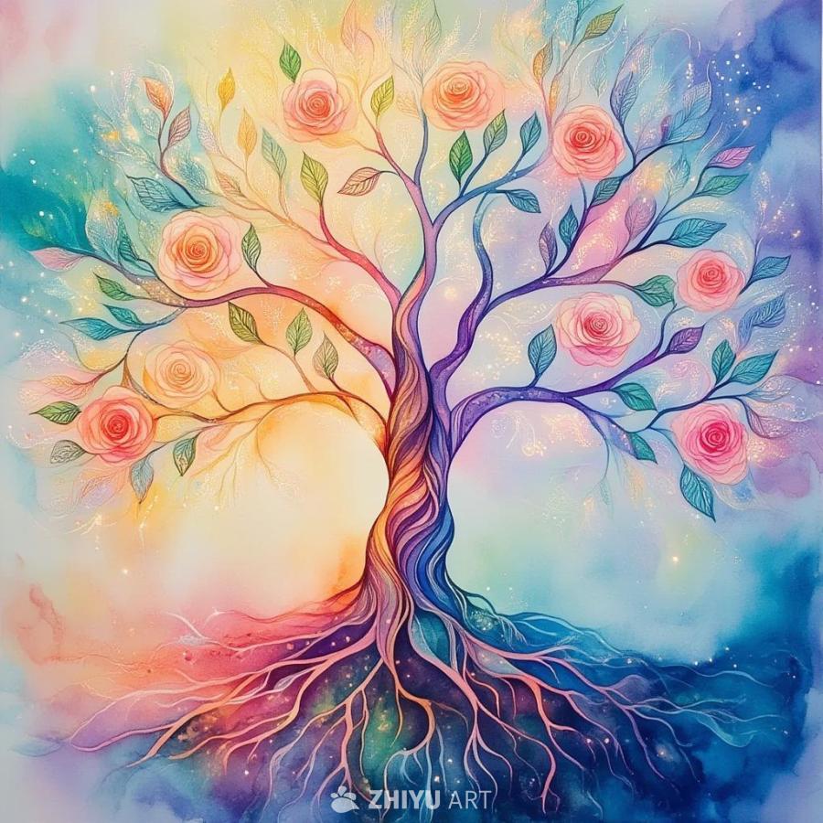 一棵生命之树的水彩抽象画，拥有错综复杂的树枝和树根