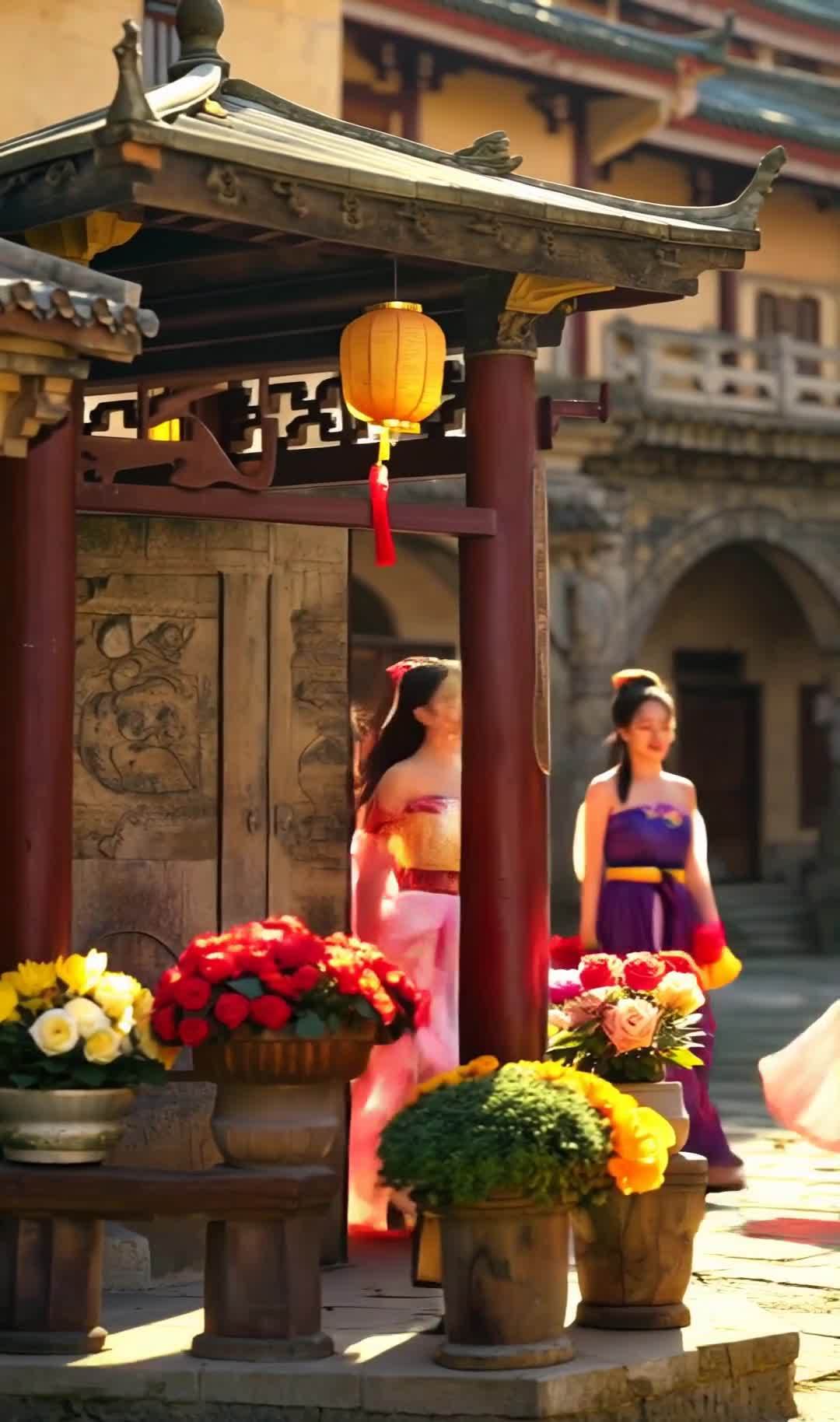 身着汉服女子出城门，手持折扇花灯漫步古风街景