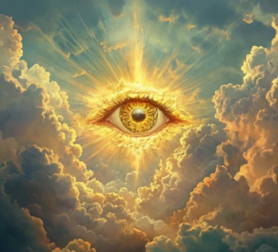 一只金黄色的眼睛位于画面中央，眼睛周围散发着光芒。