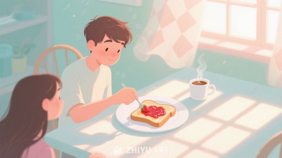温馨早餐时光：两人共进美味吐司 526