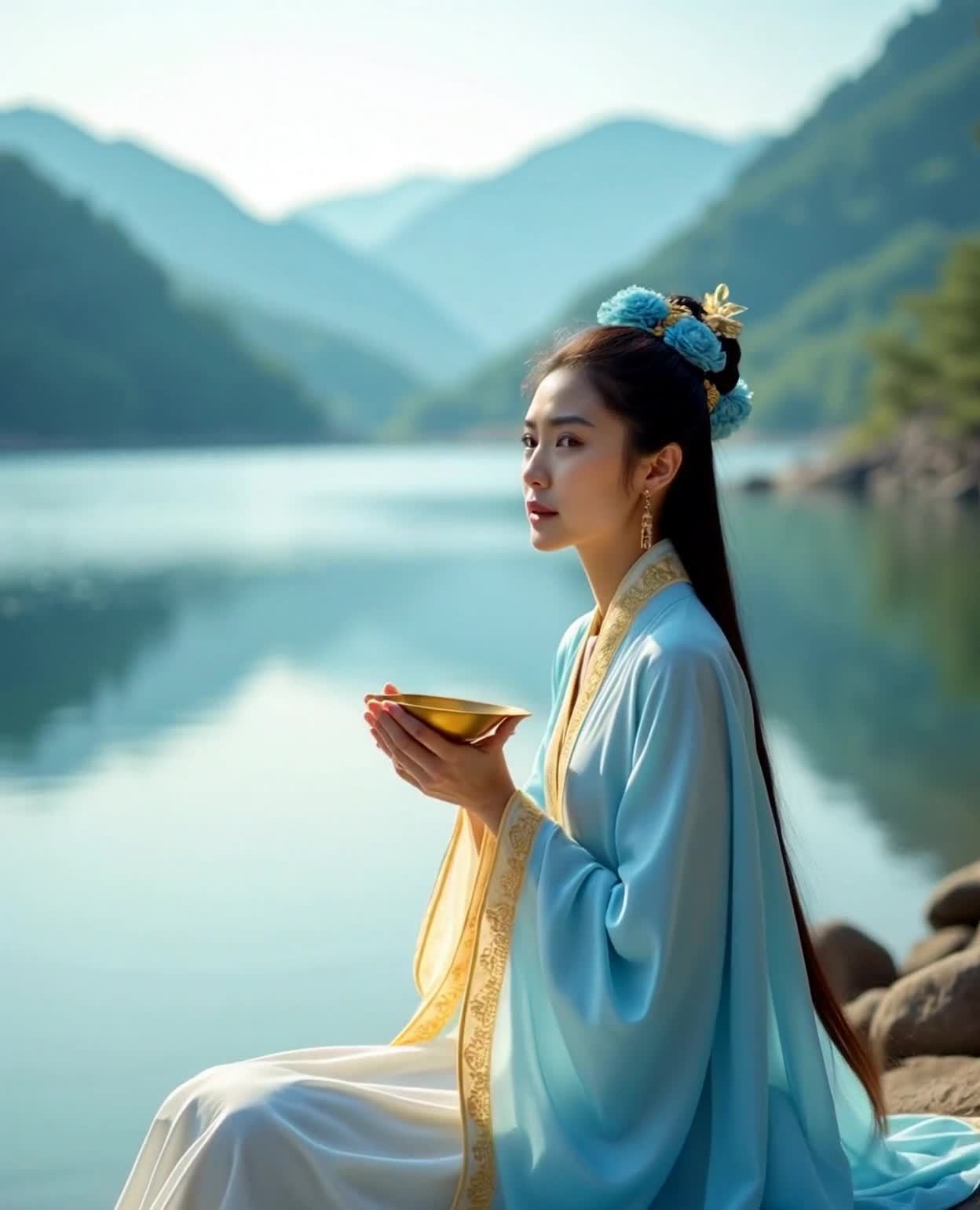 古装女子湖边持金碗，远眺山水，神情专注。