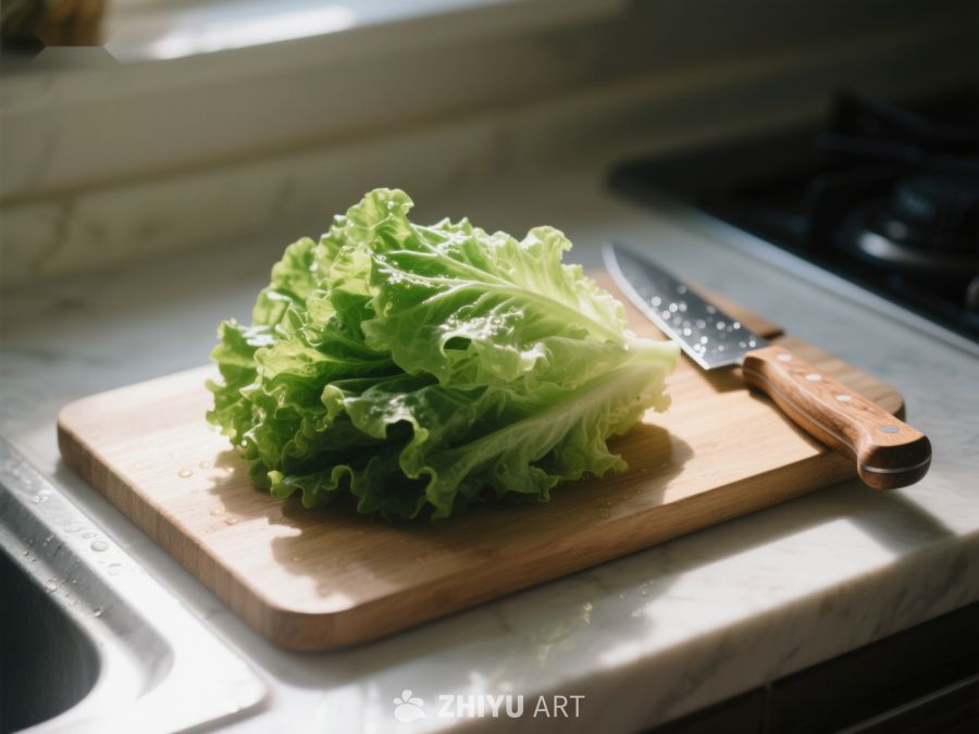 生菜置于砧板上，厨房光线柔和 363