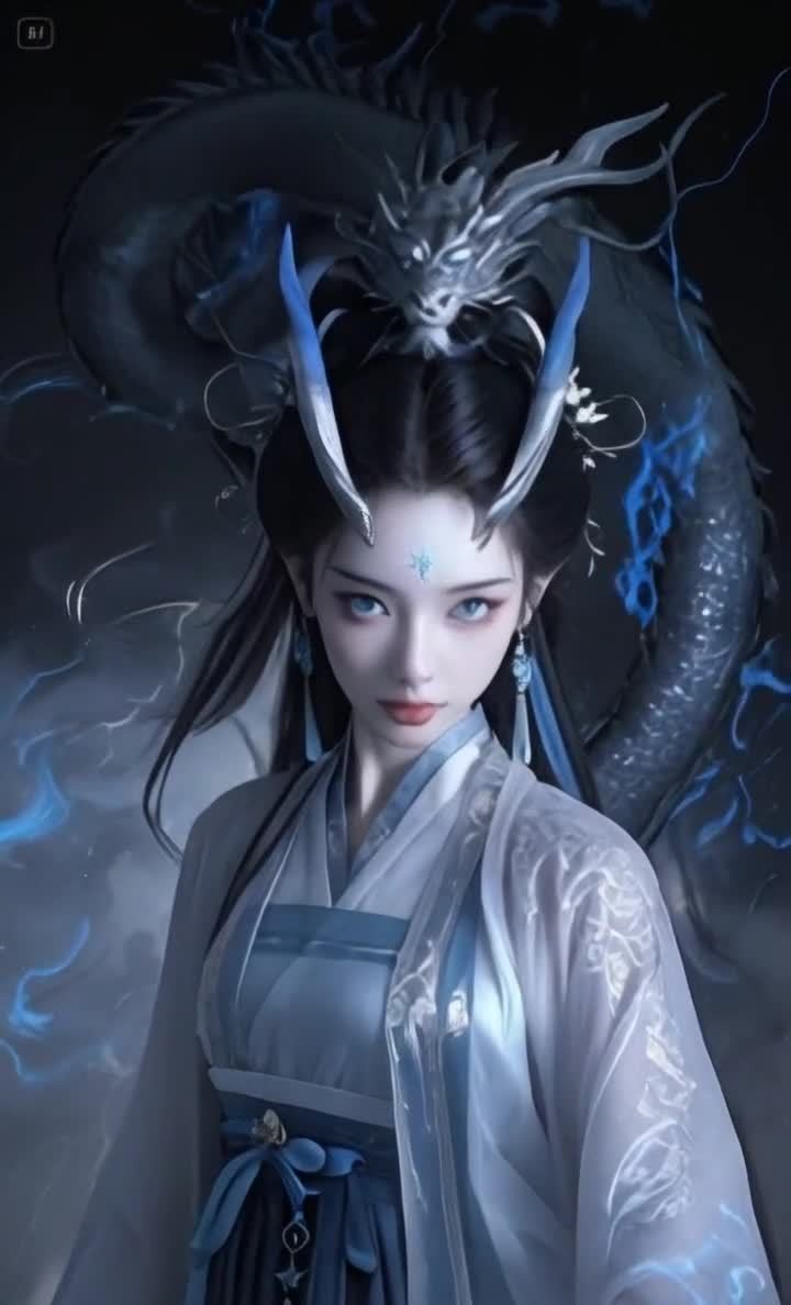 龙角美女与蓝焰巨龙：东方奇幻意境