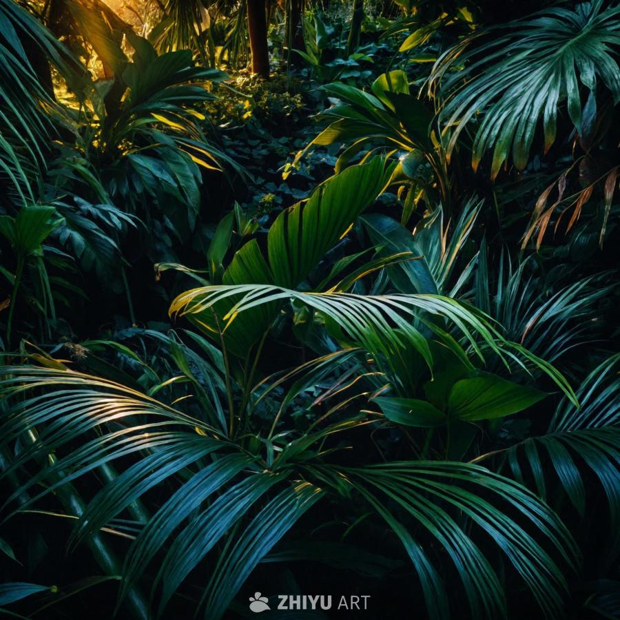 茂密的热带丛林，生长着浓密的异域植物。夕阳的光辉倾