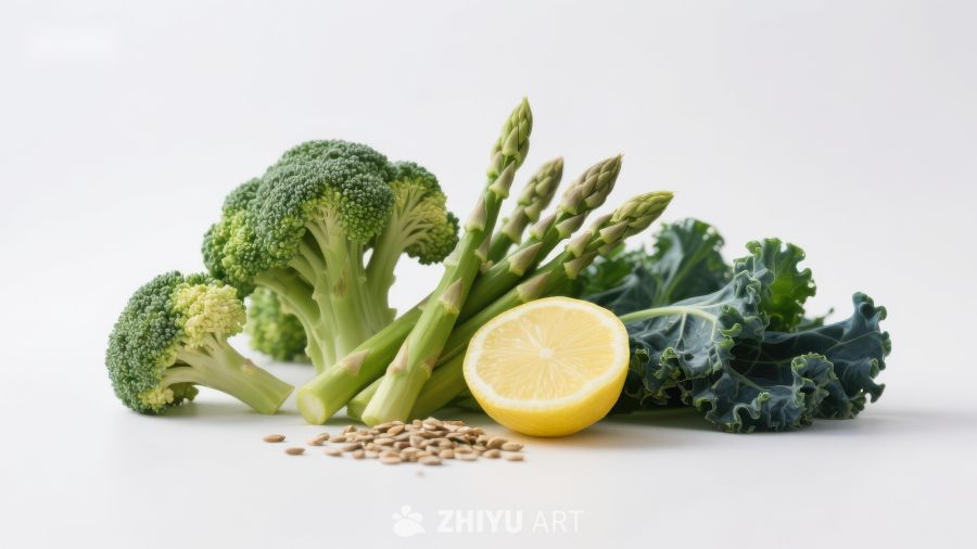 新鲜绿色蔬菜与柠檬组合