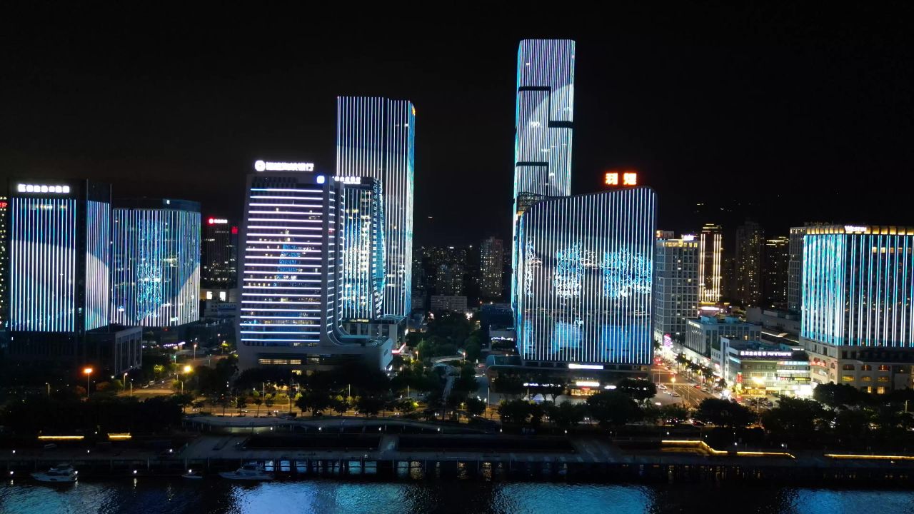 航拍福建福州金融街高楼夜景