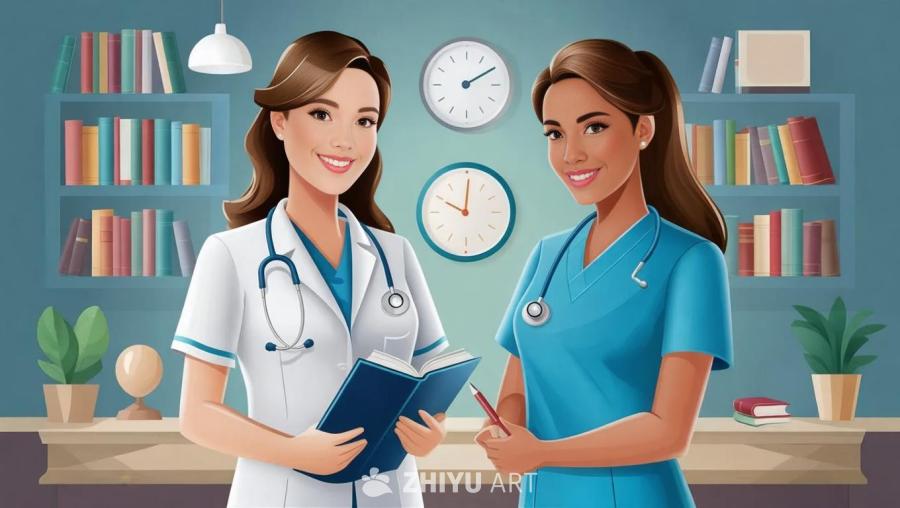 两个年轻女子站在一个房间里，其中一个穿着白大褂，戴
